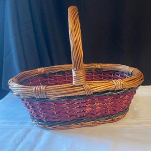 Oval Brown/Red/Green Woven Wicker Basket 18” X12” X15” With Handle Nice